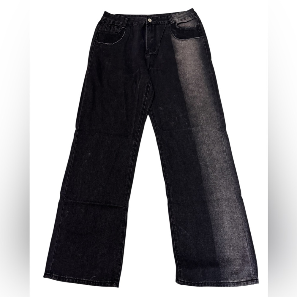 Wide Leg Distressed Striped Black Denim Pants NWOT
